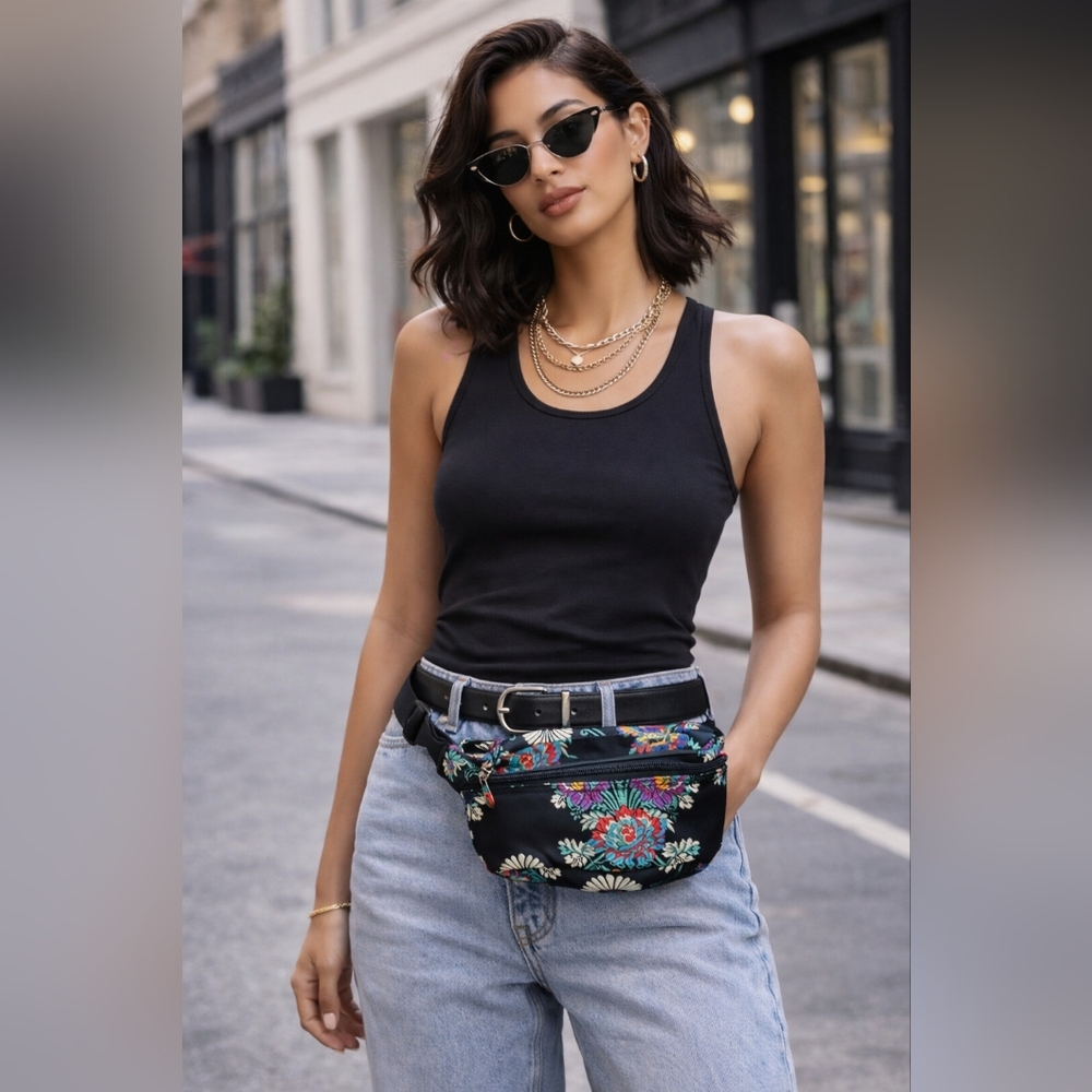 Floral & Black Asian Patterned Waist Bag